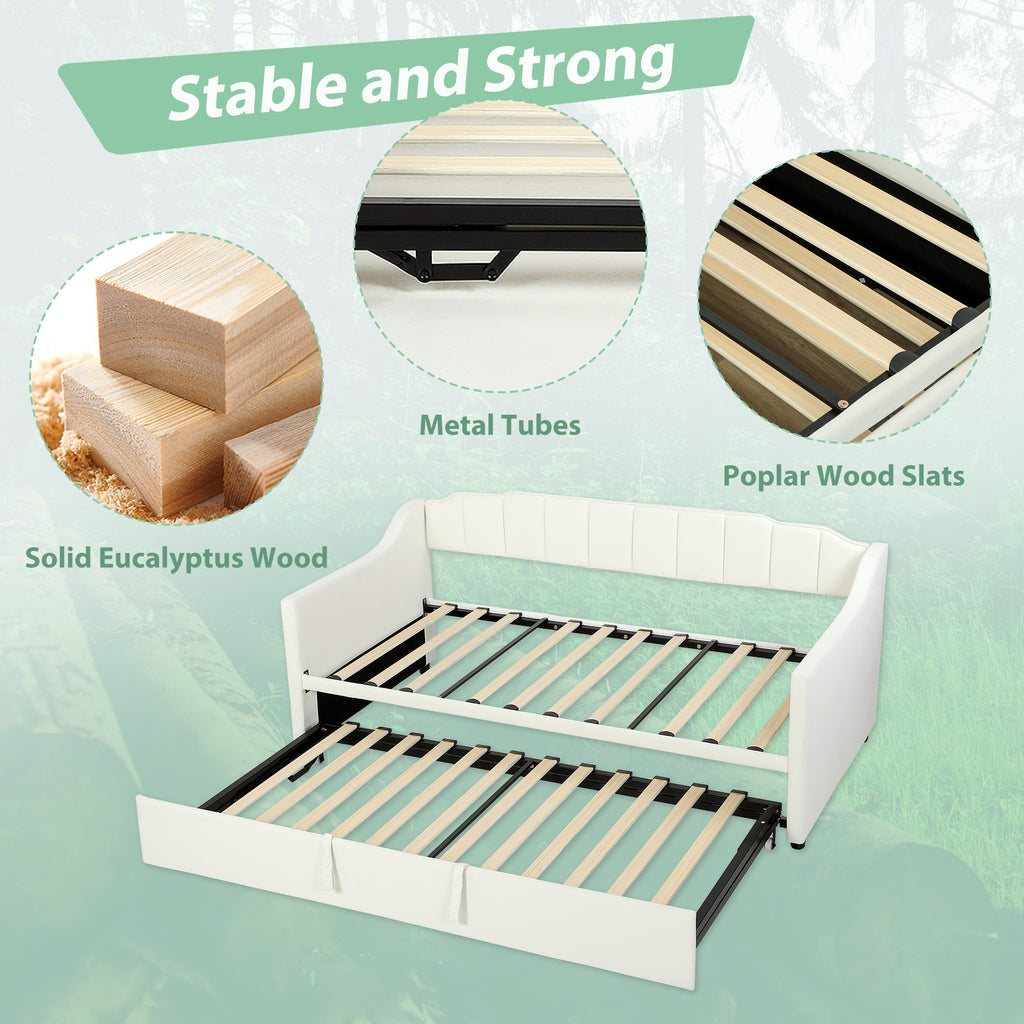 Atlas Upholstered Twin Trundle Bed, Extendable Twin to King Day Bed with Headboard and Armrests-Cream White