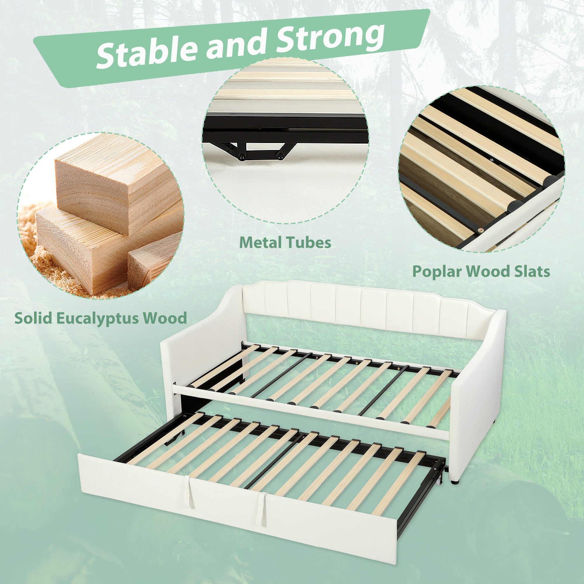 Atlas Upholstered Twin Trundle Bed, Extendable Twin to King Day Bed with Headboard and Armrests-Cream White