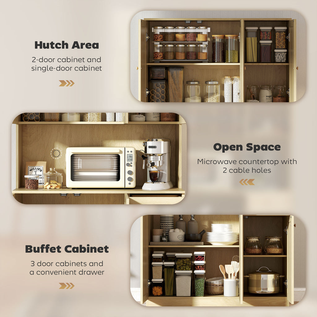 Milan Kitchen Hutch with Microwave Countertop, 71" Boho Kitchen Pantry Cabinet with Decorative Rattan Doors, Natural