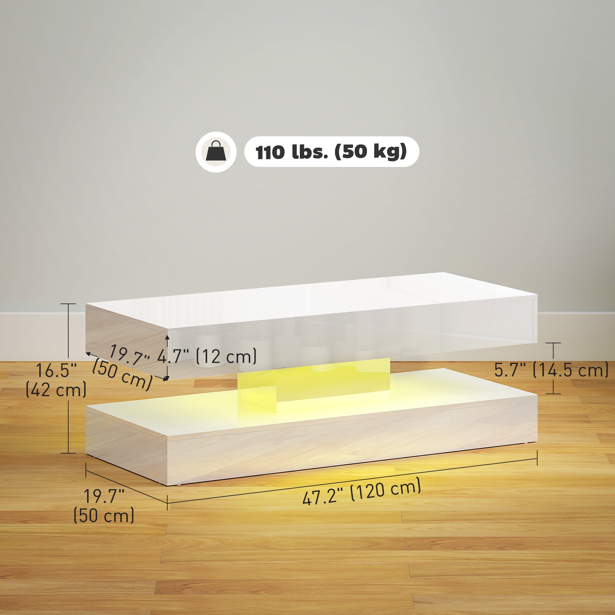 Erin Modern Coffee Table with 2 Drawers and Adjustable LED Lights-High Gloss White