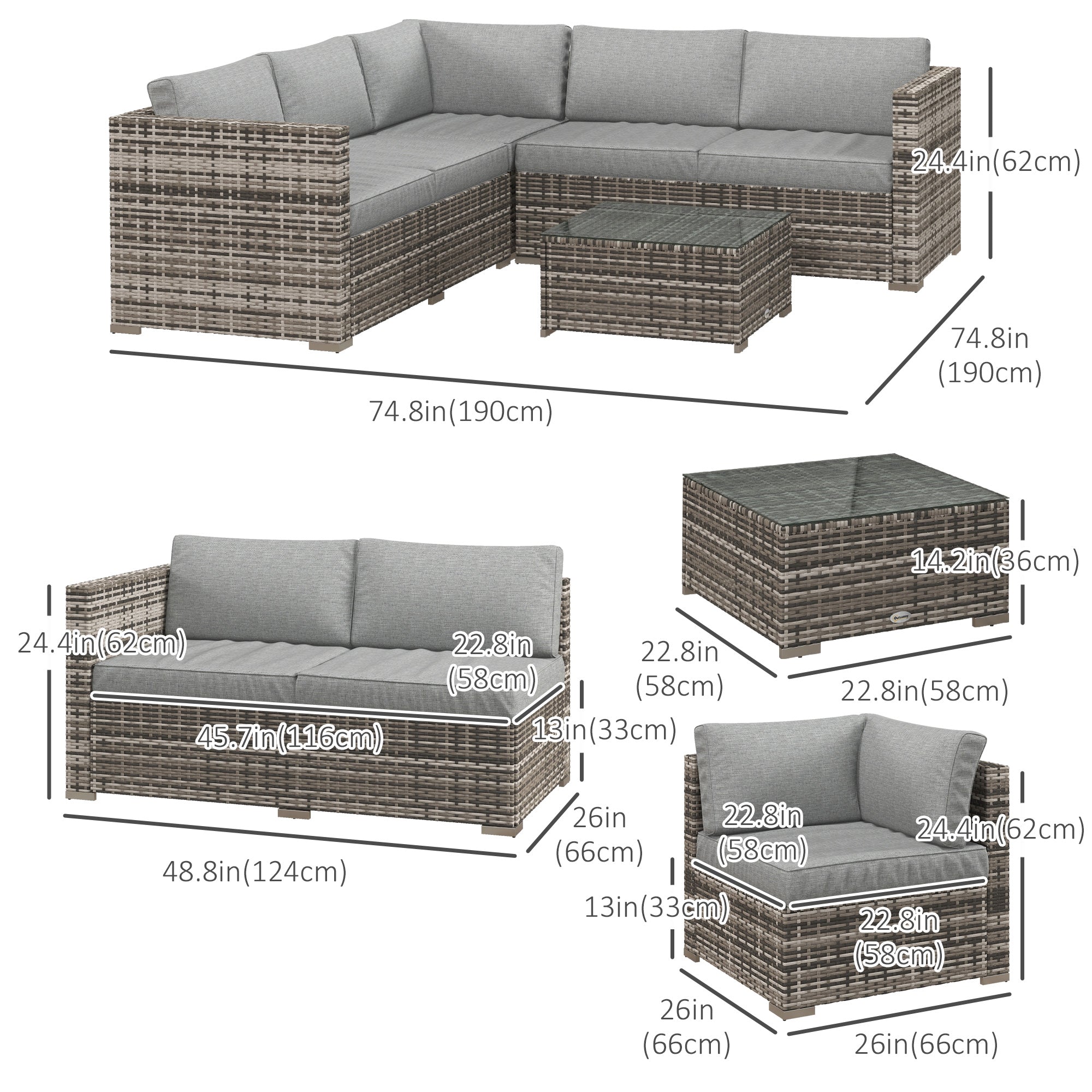 Brooke 4 Pieces Rattan Wicker Outdoor Conversation Furniture Set with Centre Table-Mixed Grey
