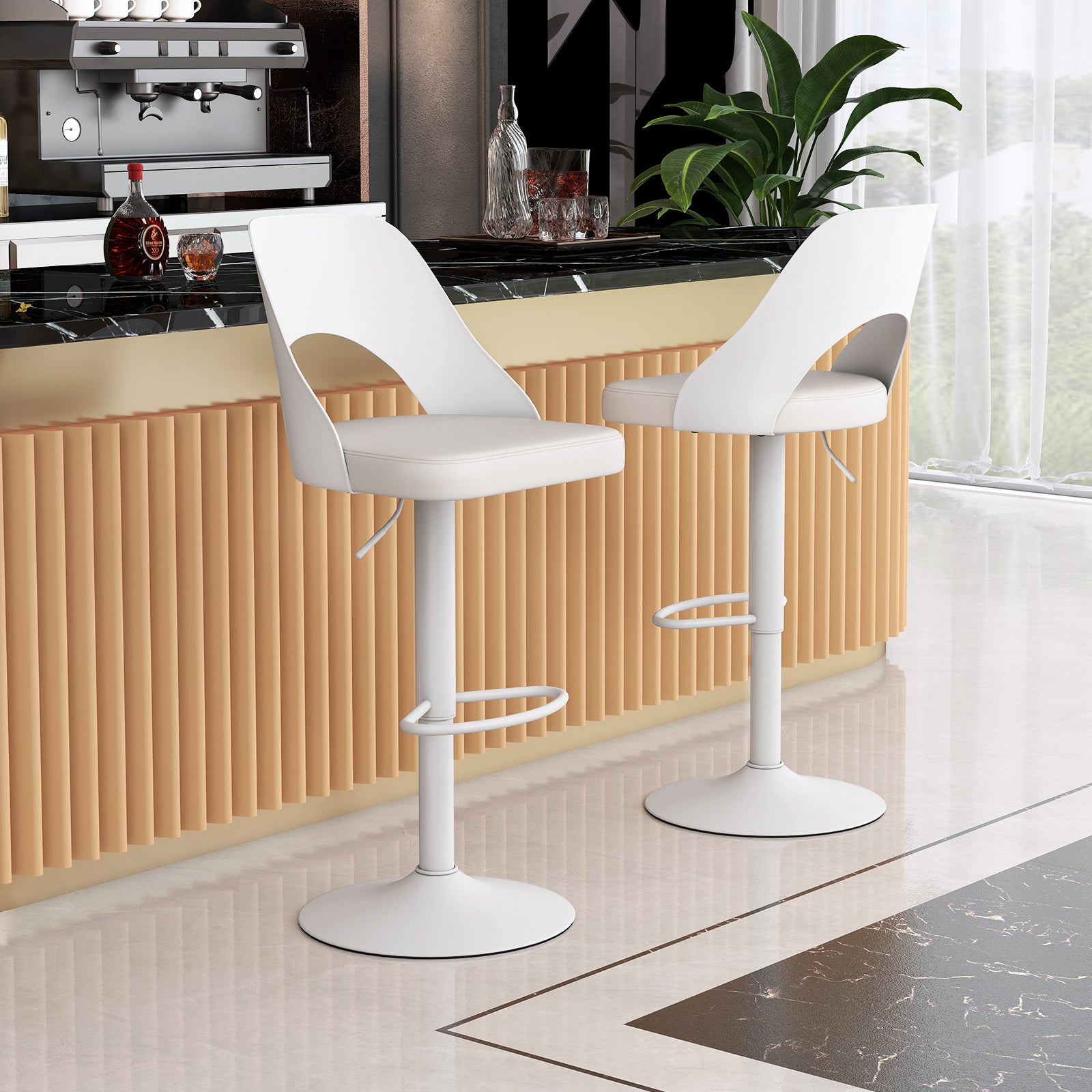 Mason Bar Stools – Set of 2 | Enlarged Vegan Leather Seat, Adjustable Height & 360° Swivel–White