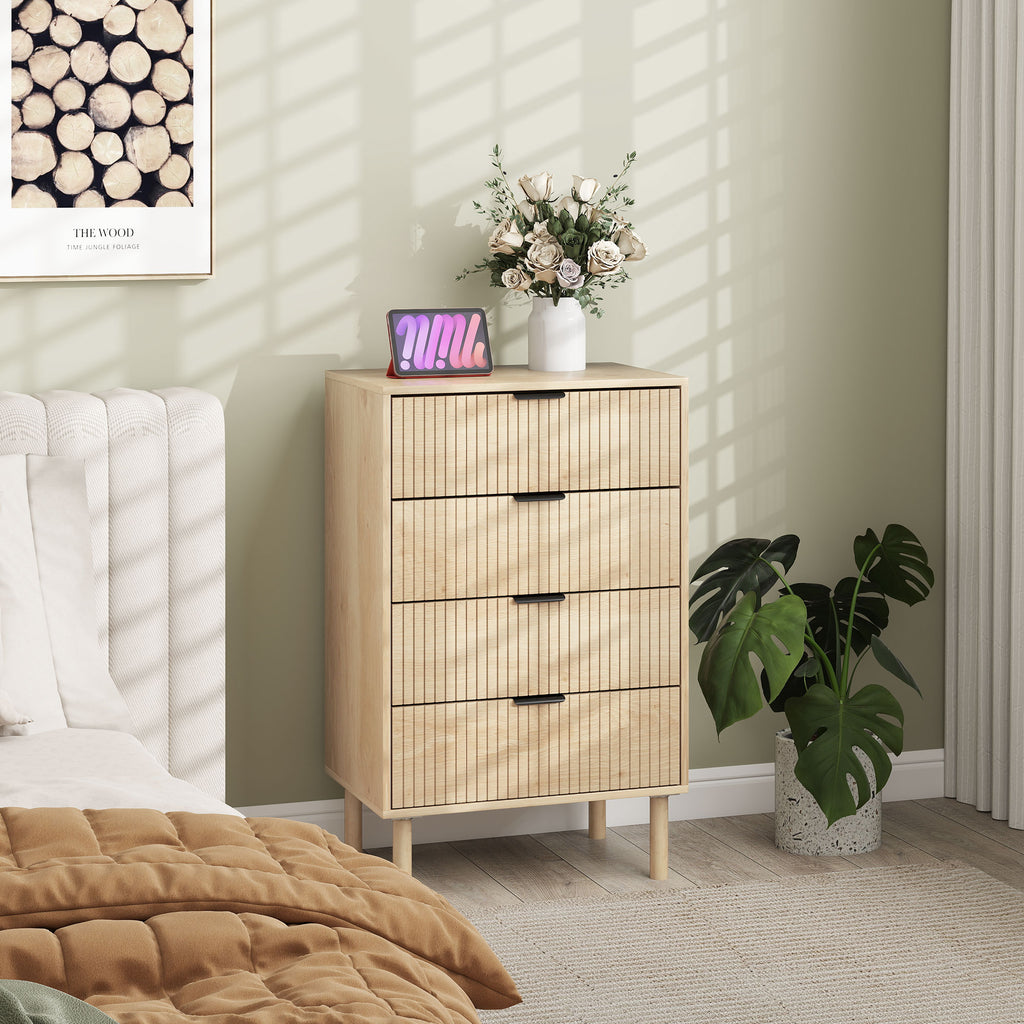 Jesse Bedroom Chest of Drawers, 4 Drawer Dresser with Fluted Panels and Solid Wood Legs, Storage Cabinet for Living Room, Oak