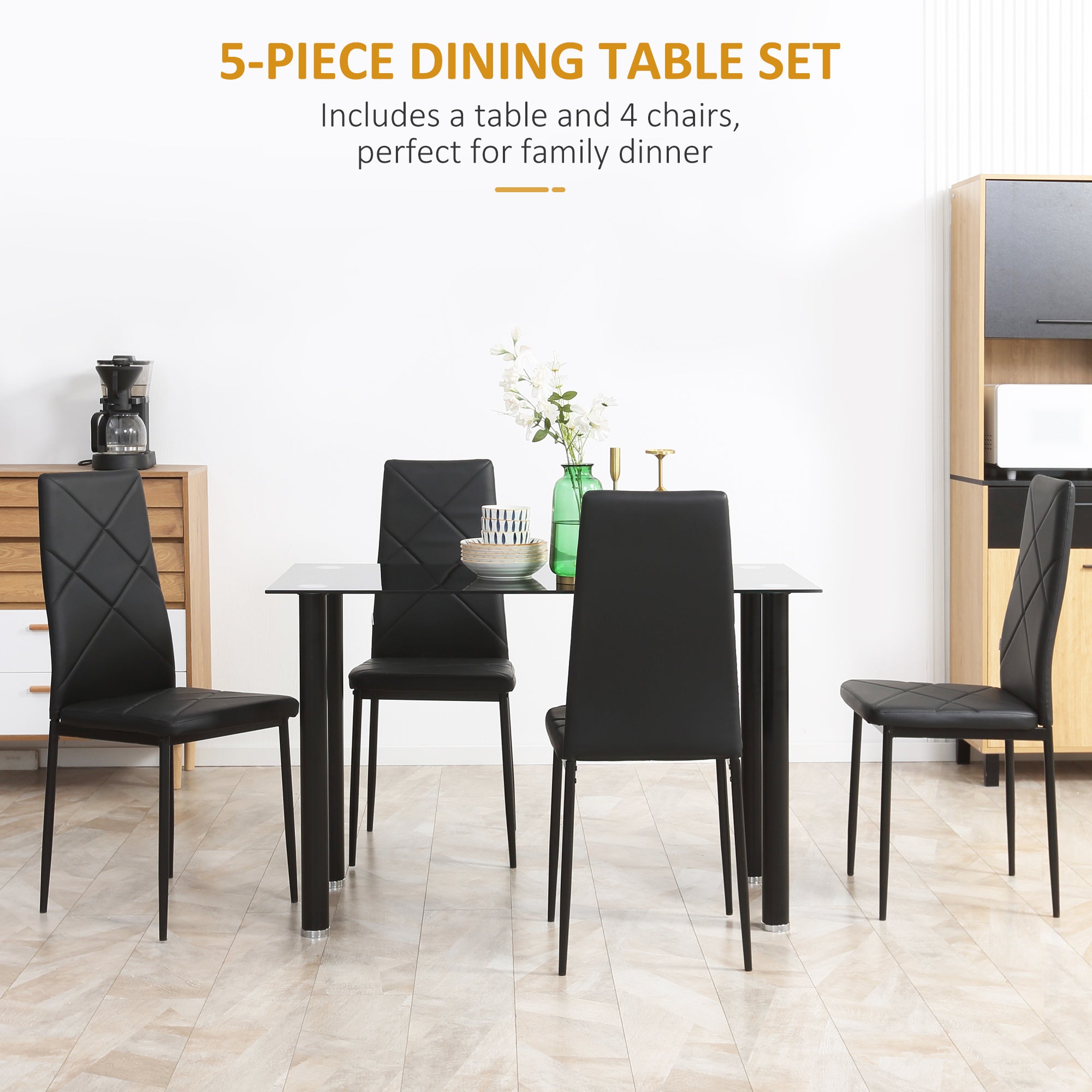 Adam Dining Table and Chairs Set for 4, Modern 5 Pieces Kitchen Table Set with Glass Table, Padded Seat and Steel Frame