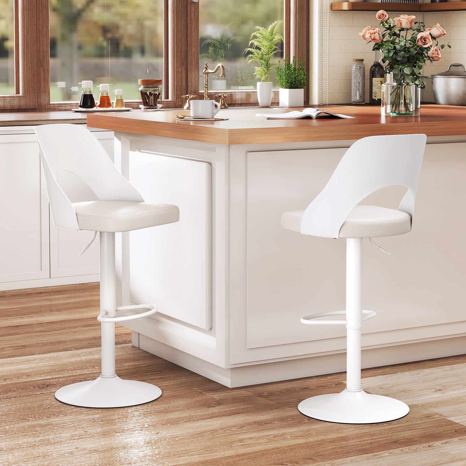 Mason Bar Stools – Set of 2 | Enlarged Vegan Leather Seat, Adjustable Height & 360° Swivel–White