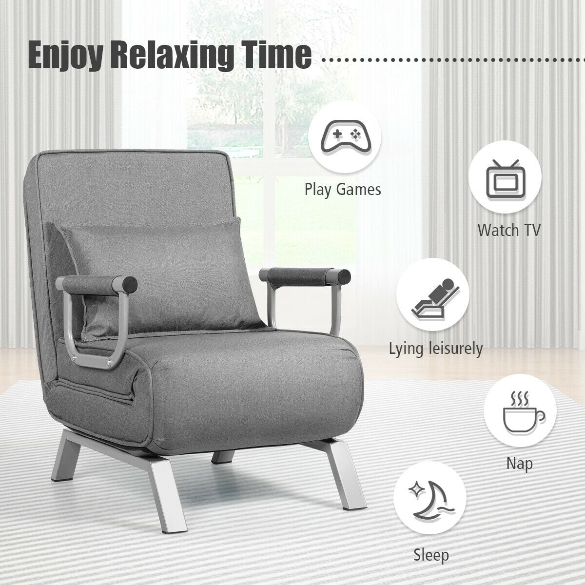 Jade 6‑Position Convertible Sleeper Chair –Gray | 4‑in‑1 Folding Sofa Bed for Small Spaces