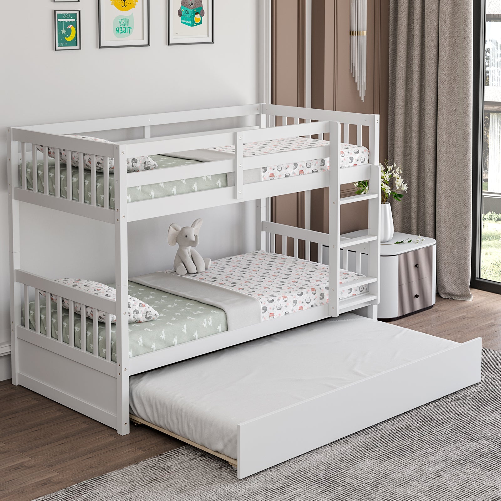 Jaden Twin-Over-Twin Bunk Bed with Pull-out Trundle and Ladder-White