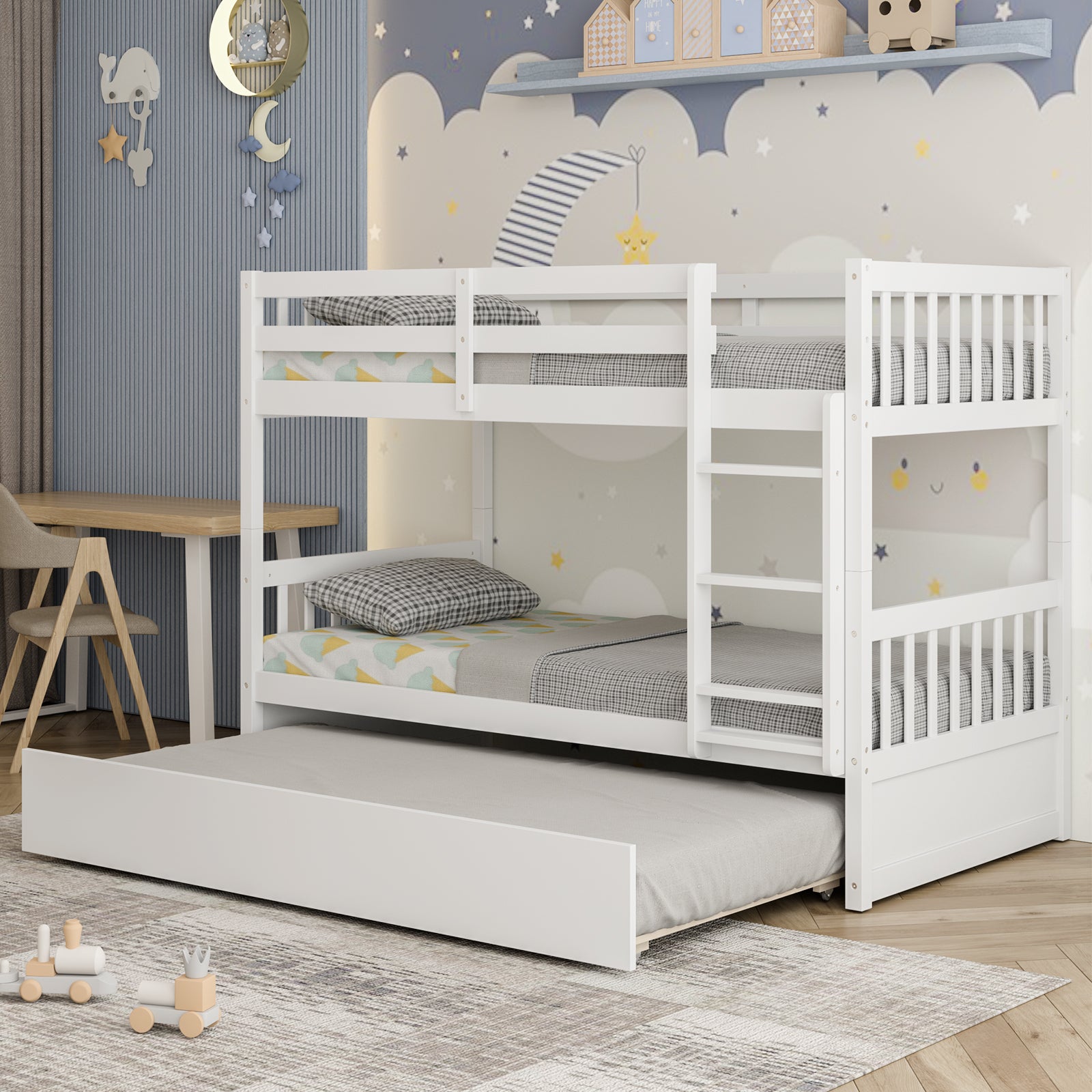 Jaden Twin-Over-Twin Bunk Bed with Pull-out Trundle and Ladder-White