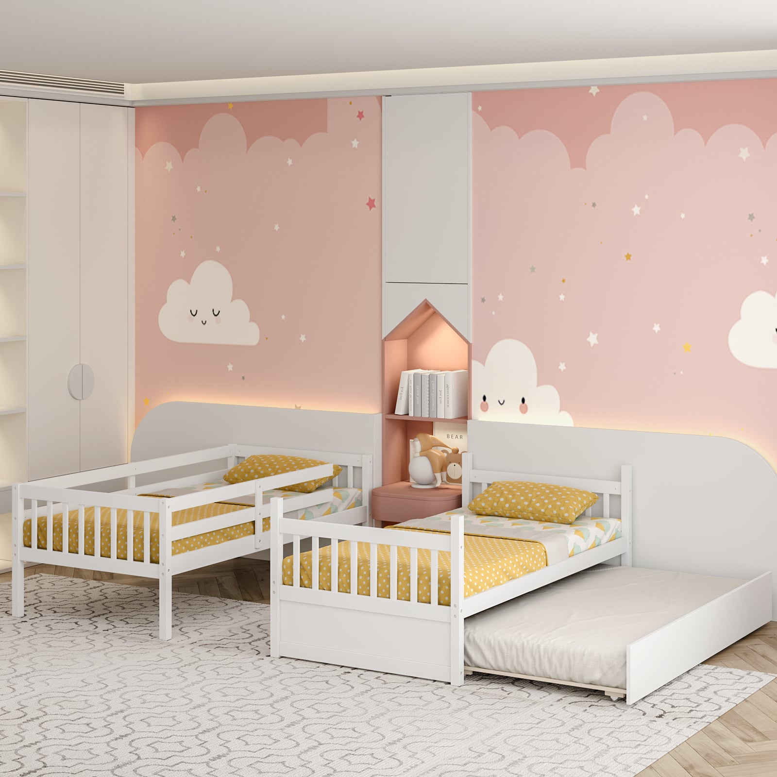 Jaden Twin-Over-Twin Bunk Bed with Pull-out Trundle and Ladder-White