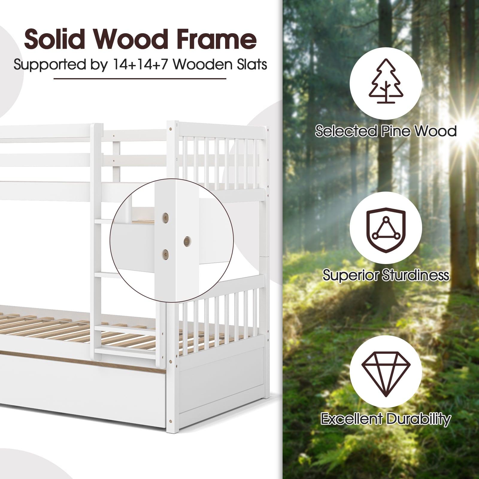 Jaden Twin-Over-Twin Bunk Bed with Pull-out Trundle and Ladder-White