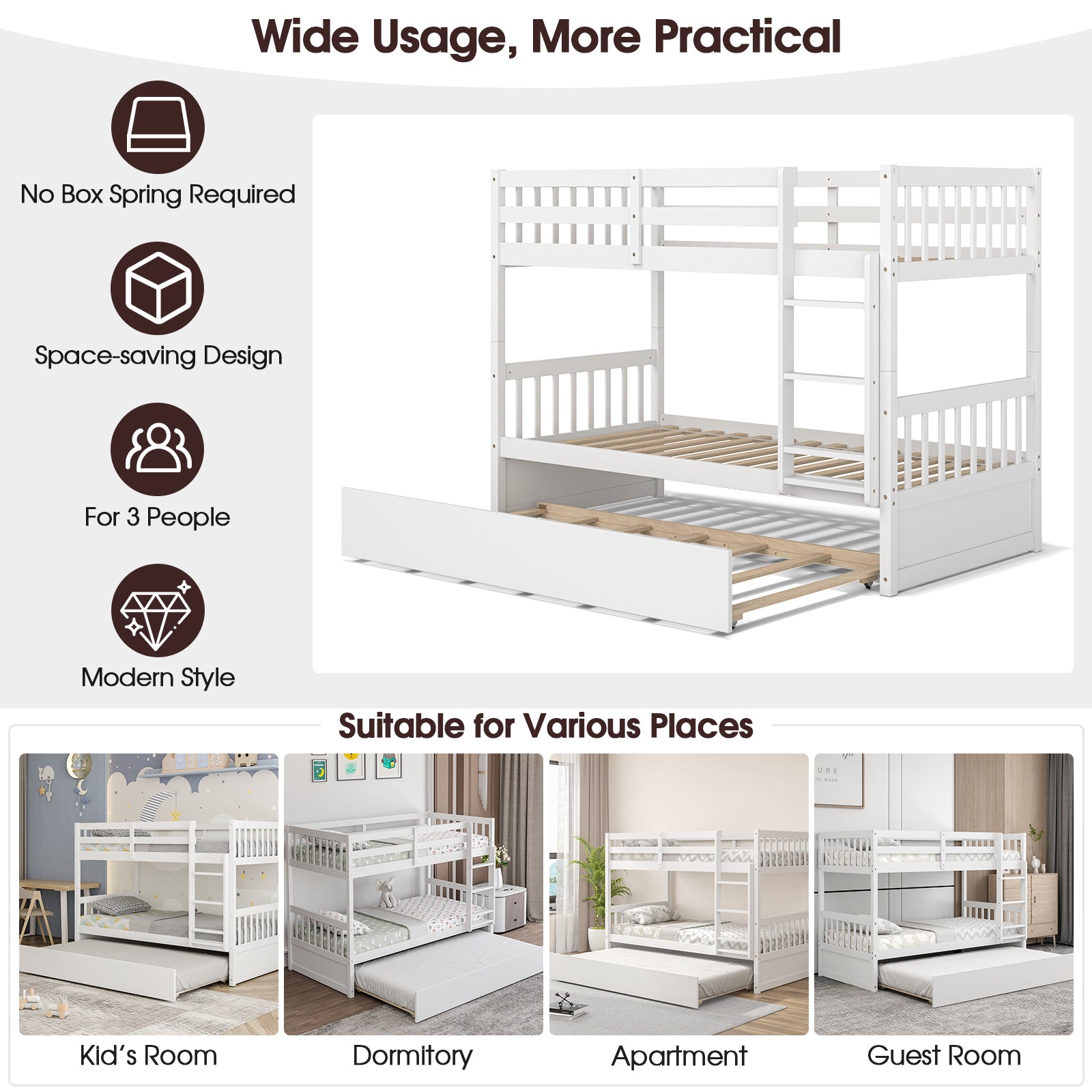 Jaden Twin-Over-Twin Bunk Bed with Pull-out Trundle and Ladder-White