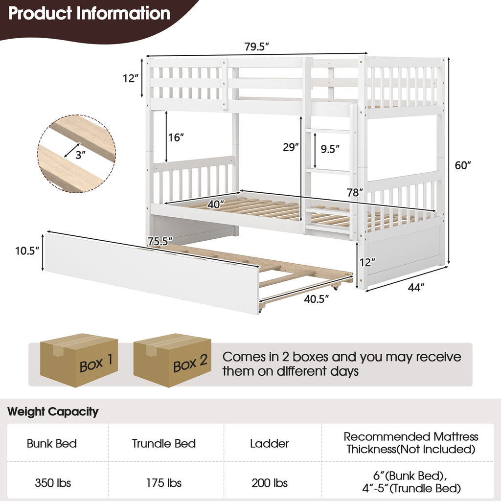Jaden Twin-Over-Twin Bunk Bed with Pull-out Trundle and Ladder-White