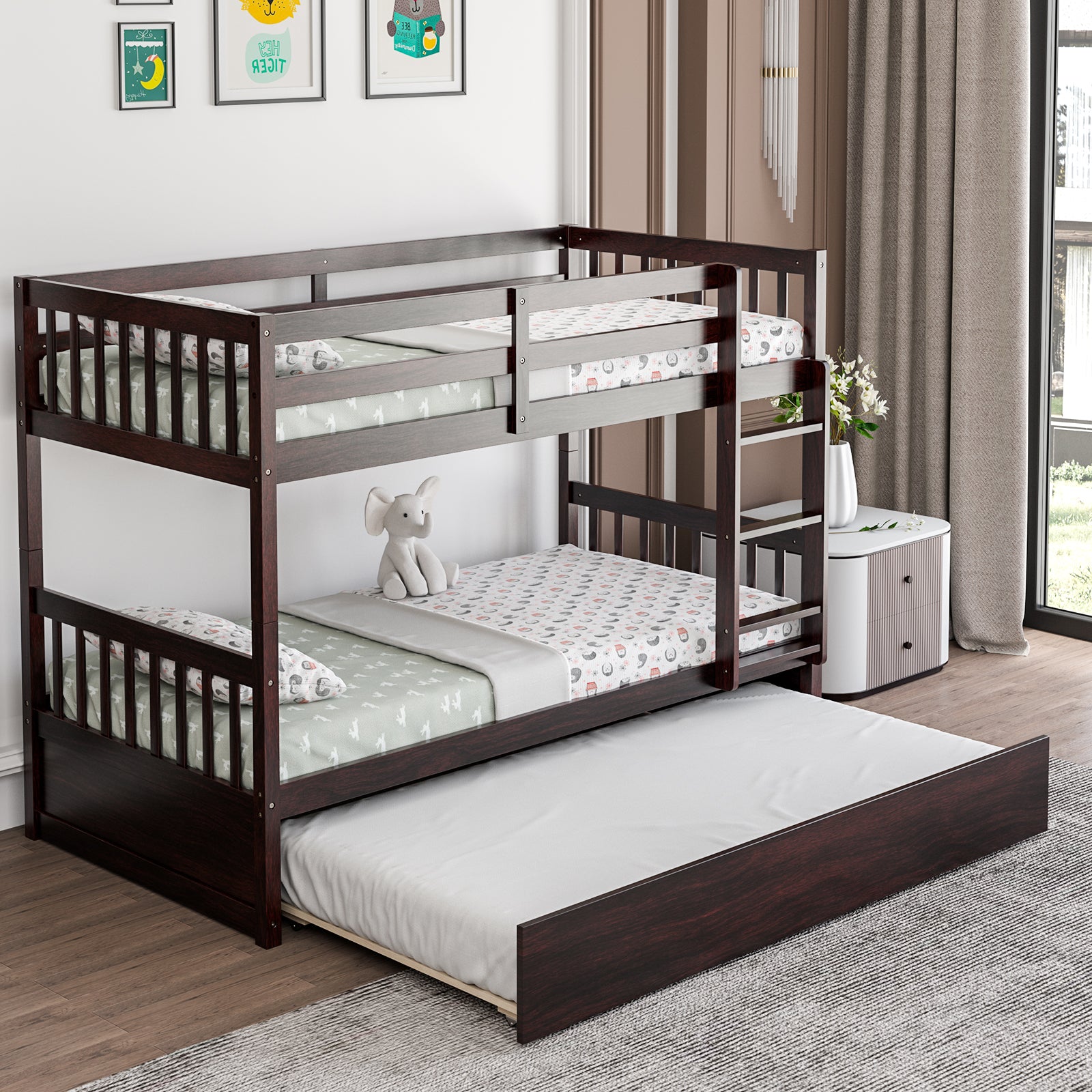 Jaden Twin-Over-Twin Bunk Bed with Pull-out Trundle and Ladder-Espresso