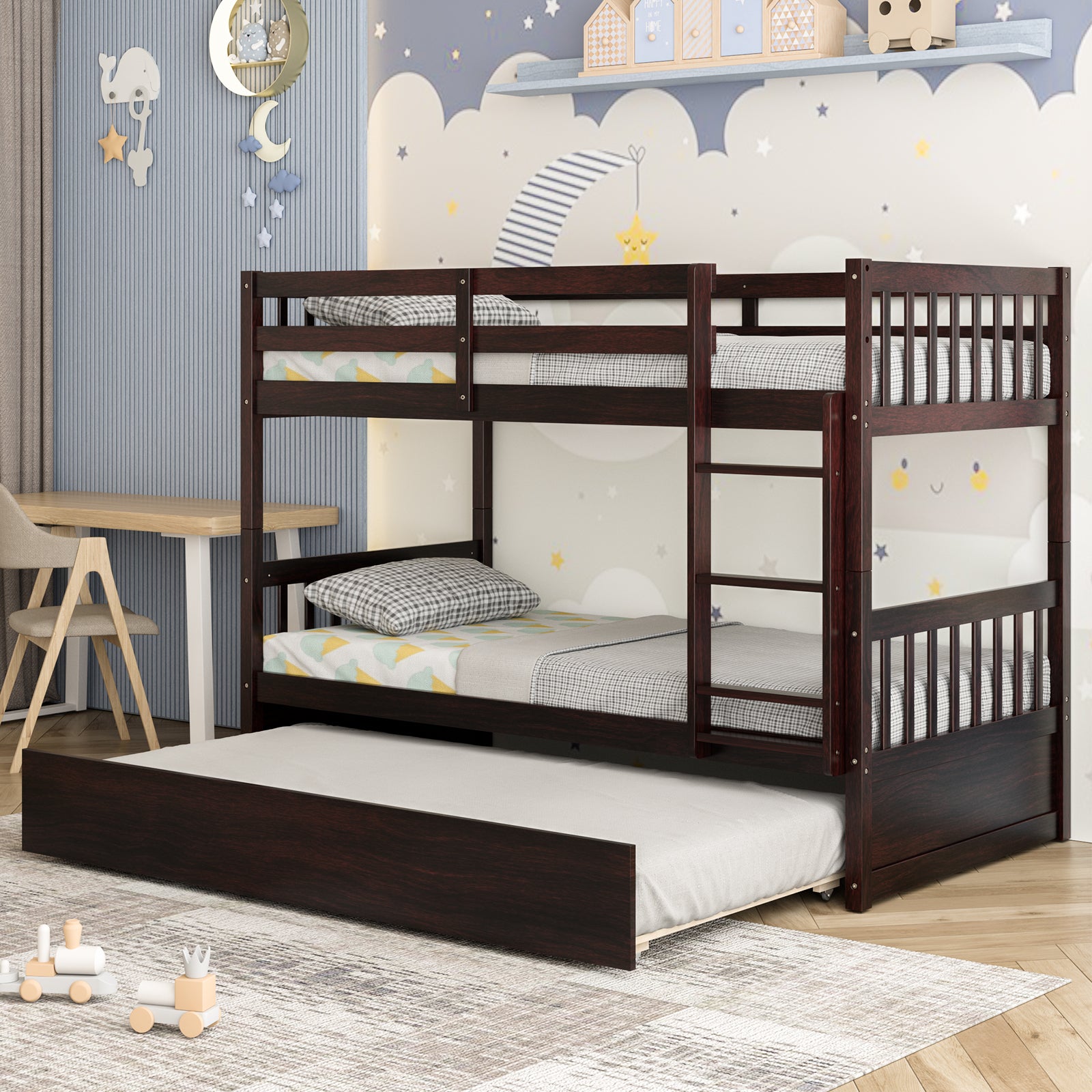 Jaden Twin-Over-Twin Bunk Bed with Pull-out Trundle and Ladder-Espresso