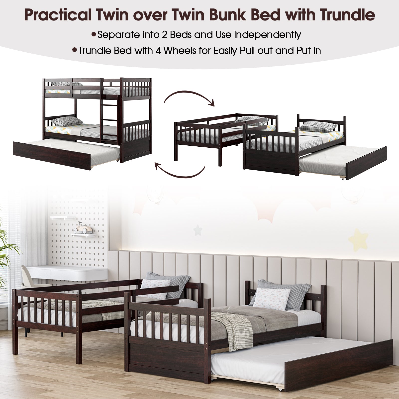 Jaden Twin-Over-Twin Bunk Bed with Pull-out Trundle and Ladder-Espresso