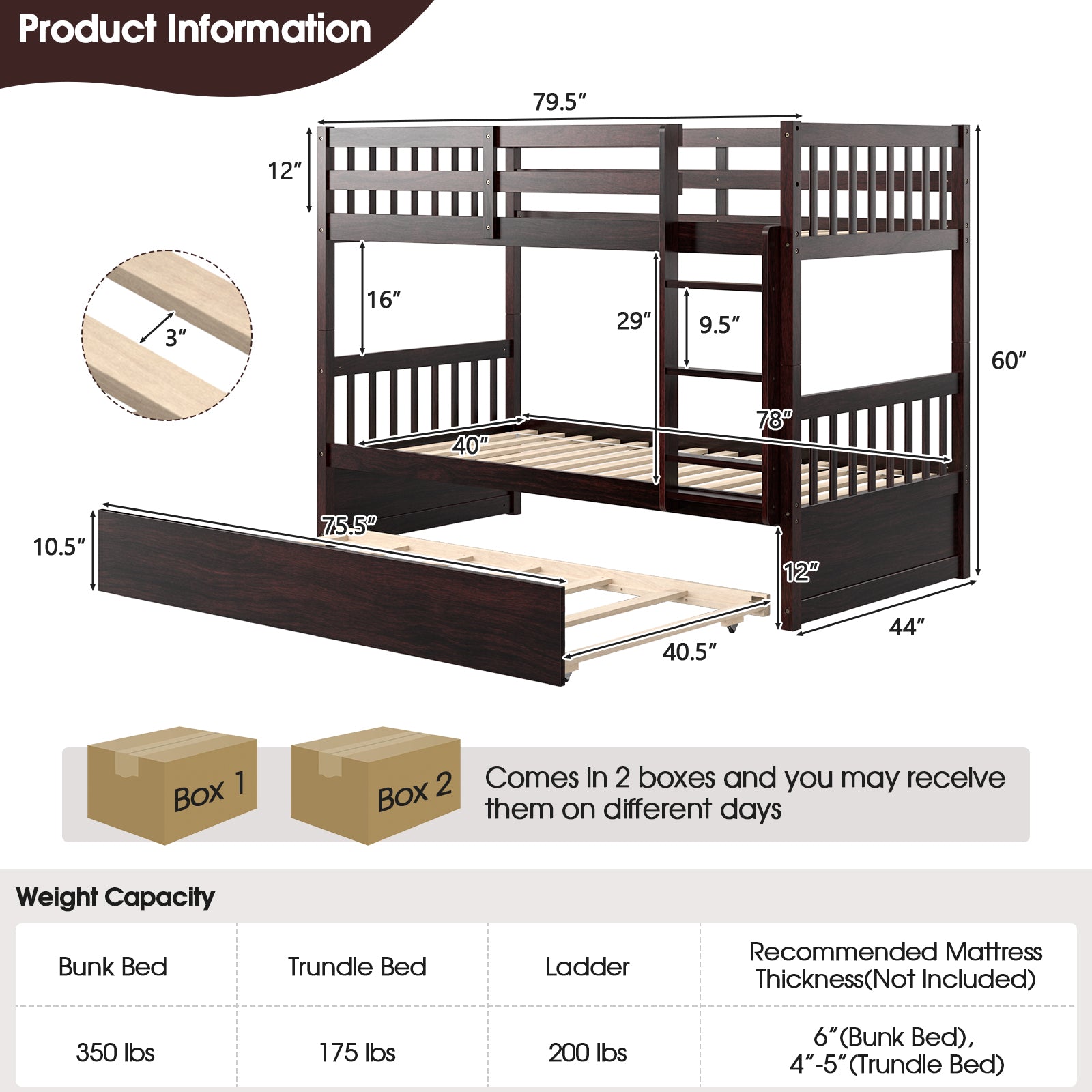 Jaden Twin-Over-Twin Bunk Bed with Pull-out Trundle and Ladder-Espresso