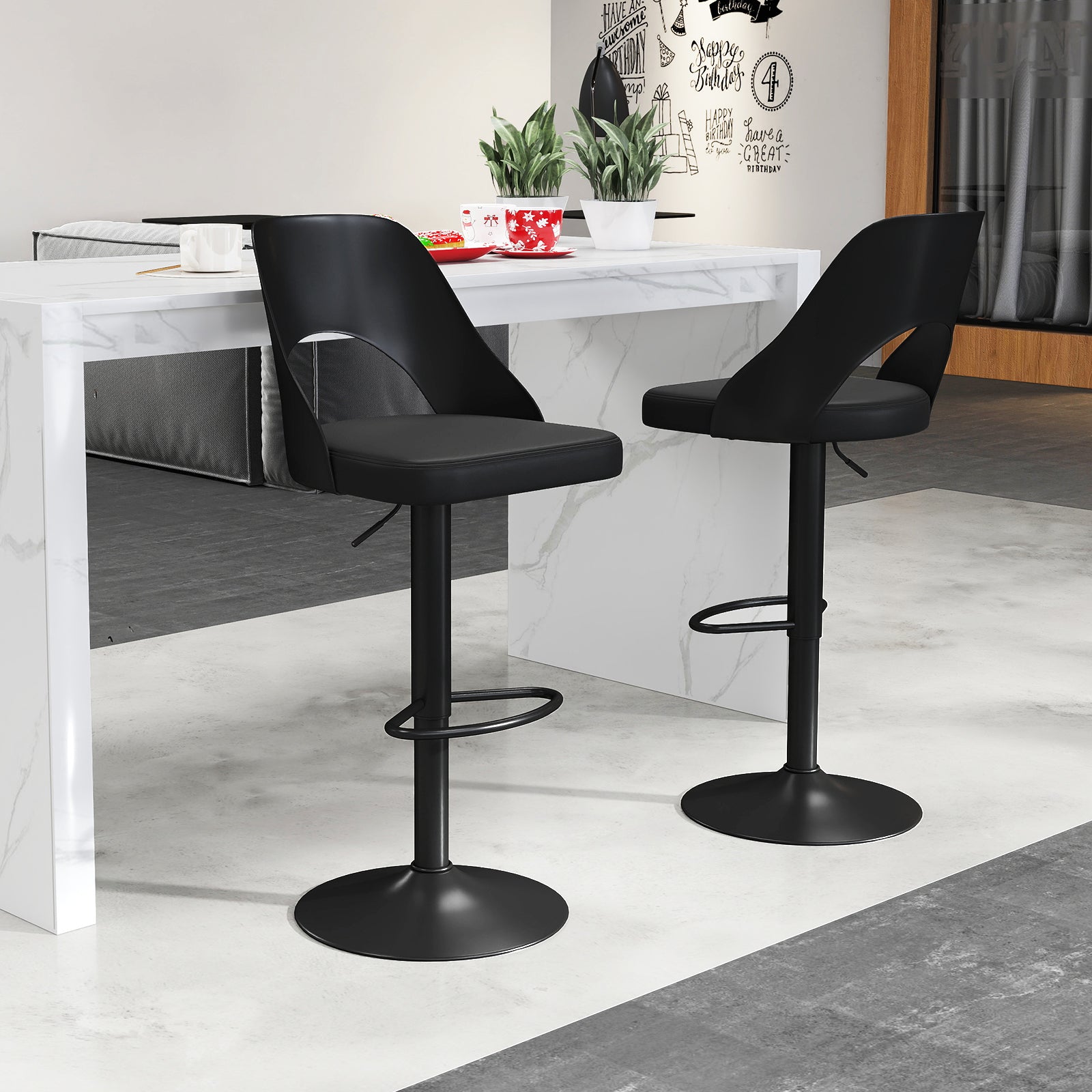 Mason Bar Stools – Set of 2 | Enlarged Vegan Leather Seat, Adjustable Height & 360° Swivel–Black