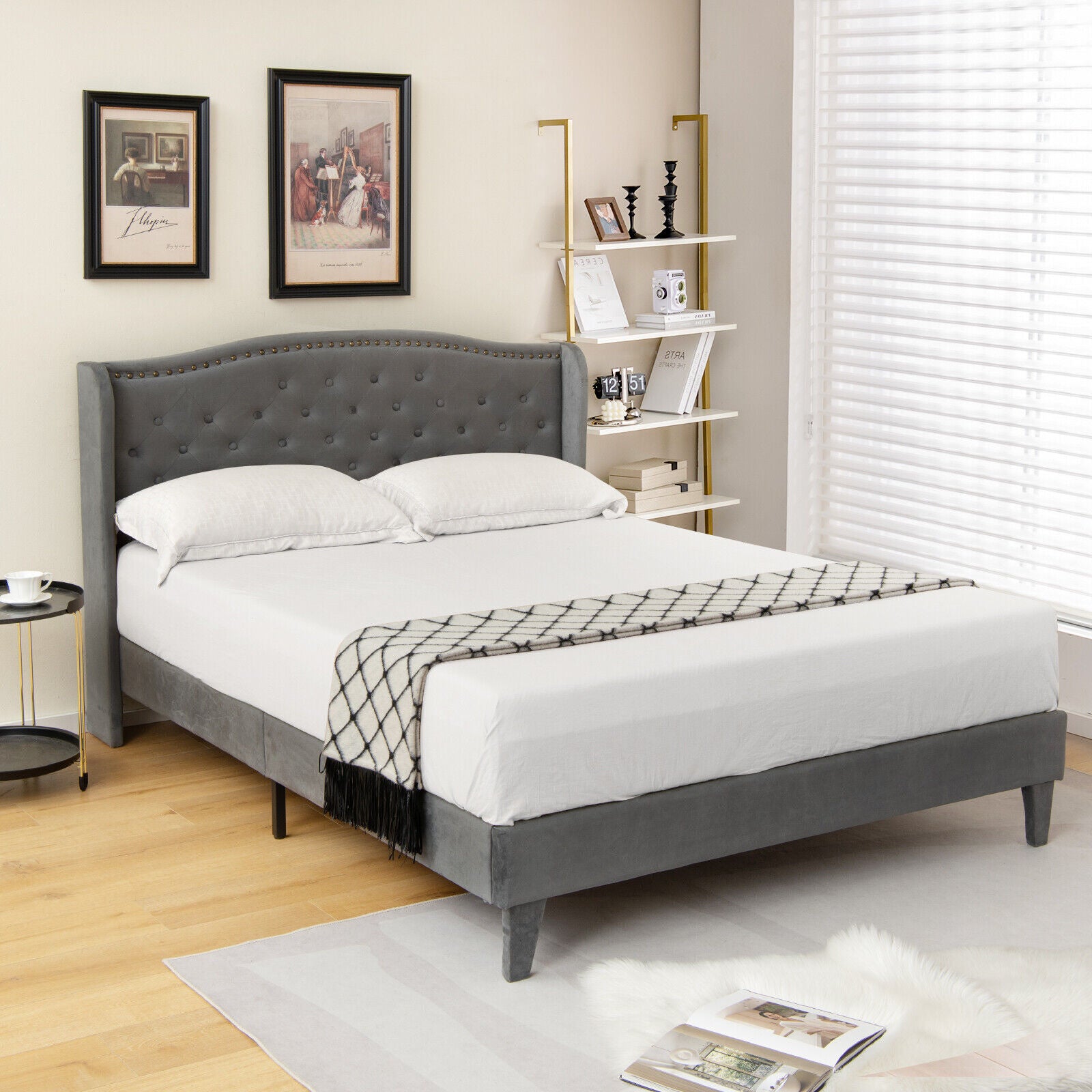 Darby Upholstered Platform Bed Frame with Button Tufted Headboard-Full Size