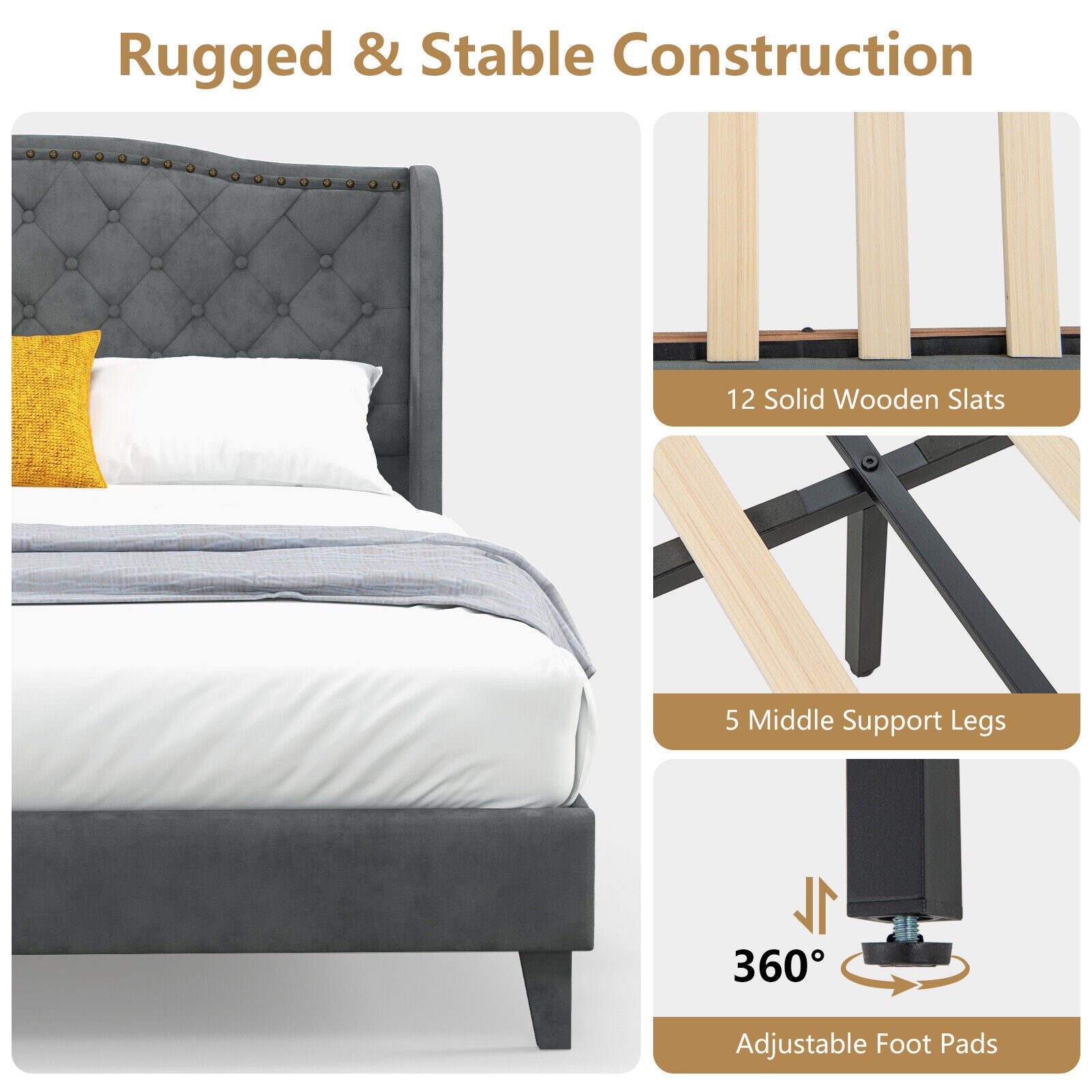 Darby Upholstered Platform Bed Frame with Button Tufted Headboard-Full Size