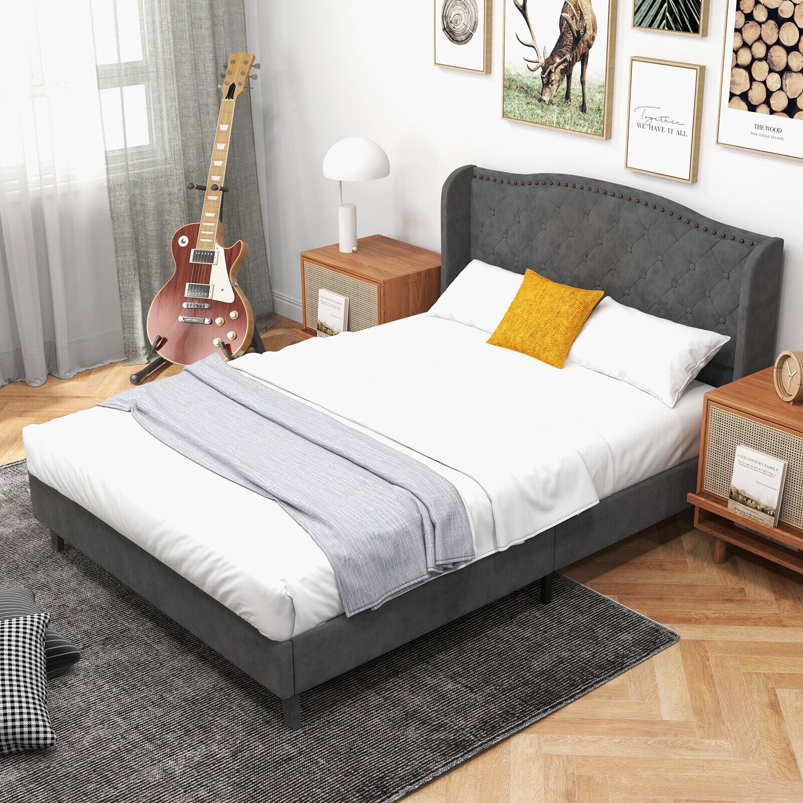 Darby Upholstered Platform Bed Frame with Button Tufted Headboard-Full Size
