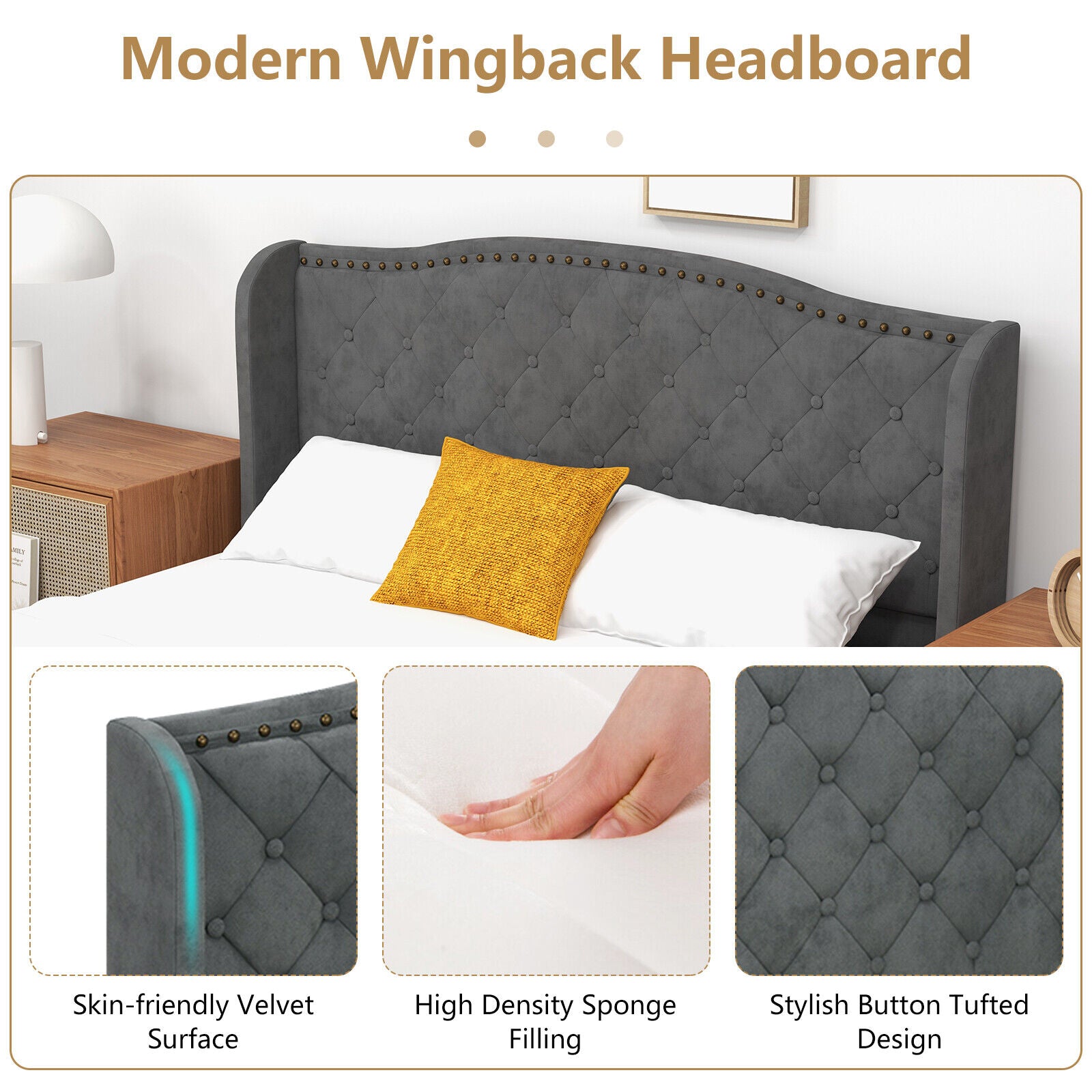 Darby Upholstered Platform Bed Frame with Button Tufted Headboard-Full Size