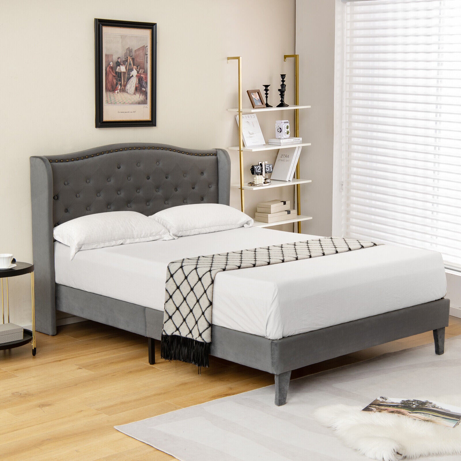 Darby Upholstered Platform Bed Frame with Button Tufted Headboard-Queen Size