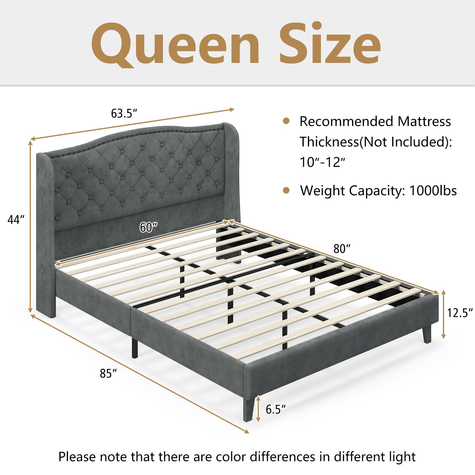 Darby Upholstered Platform Bed Frame with Button Tufted Headboard-Queen Size