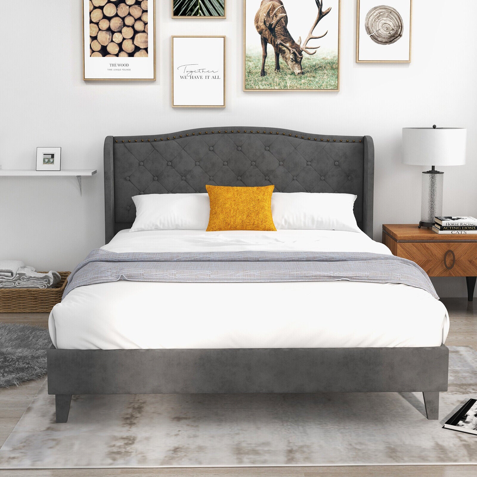 Darby Upholstered Platform Bed Frame with Button Tufted Headboard-Queen Size