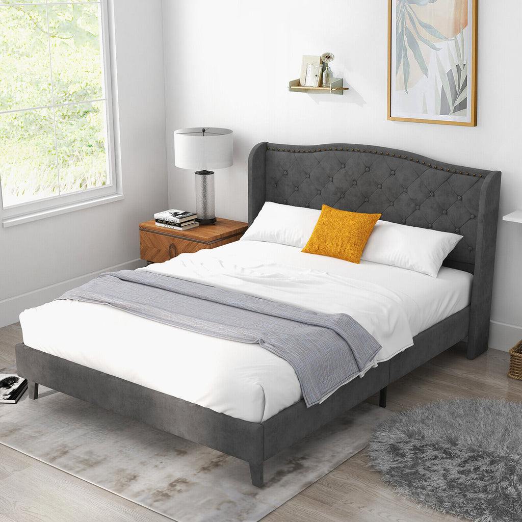 Darby Upholstered Platform Bed Frame with Button Tufted Headboard-Queen Size