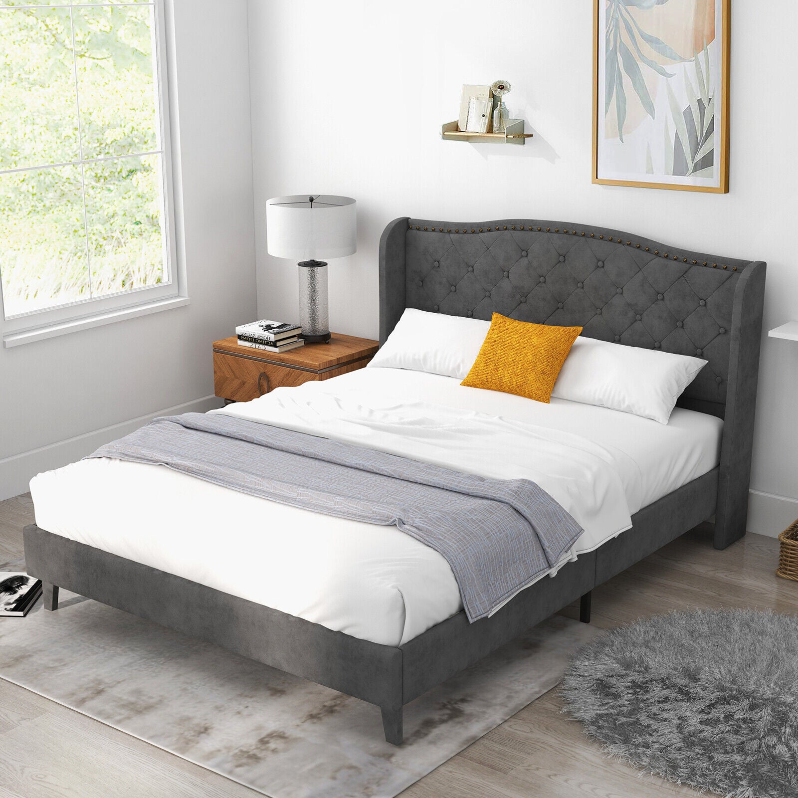 Darby Upholstered Platform Bed Frame with Button Tufted Headboard-Queen Size
