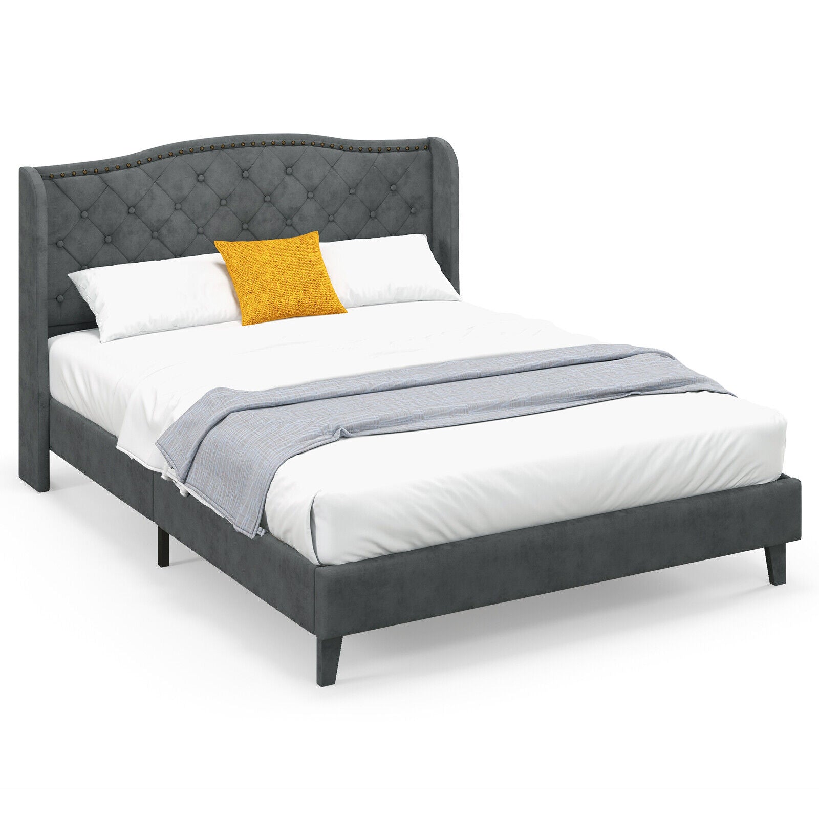 Darby Upholstered Platform Bed Frame with Button Tufted Headboard-Queen Size