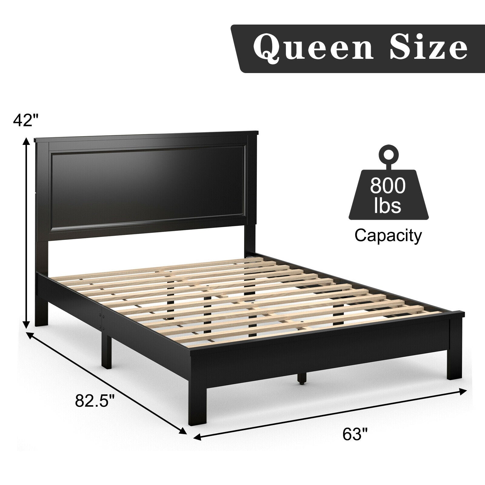 Kelsey Queen Size Platform Bed Frame with High Headboard & Solid Rubber Wood Legs–Black