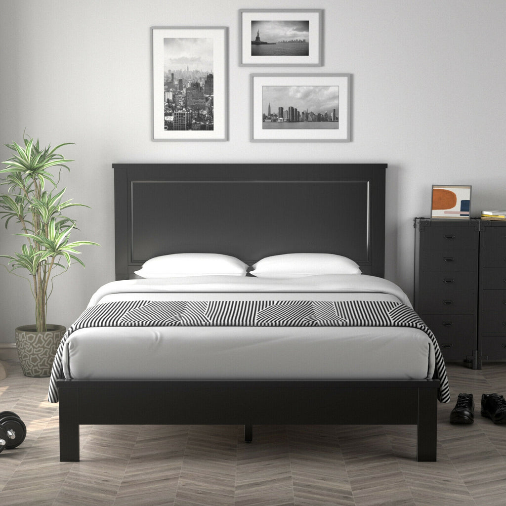 Kelsey Queen Size Platform Bed Frame with High Headboard & Solid Rubber Wood Legs–Black