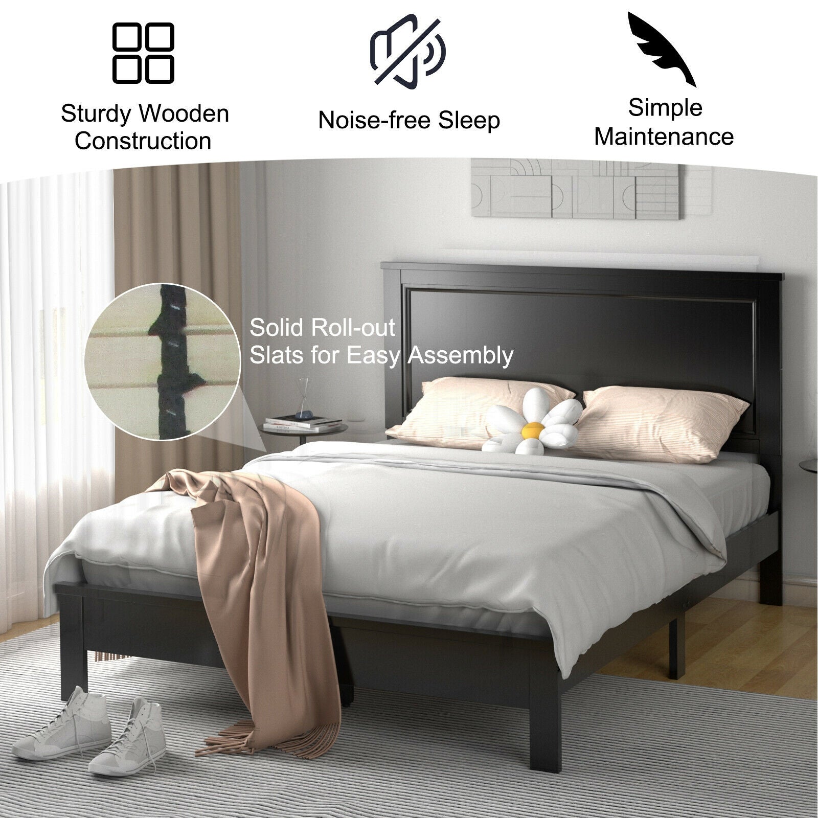 Kelsey Queen Size Platform Bed Frame with High Headboard & Solid Rubber Wood Legs–Black