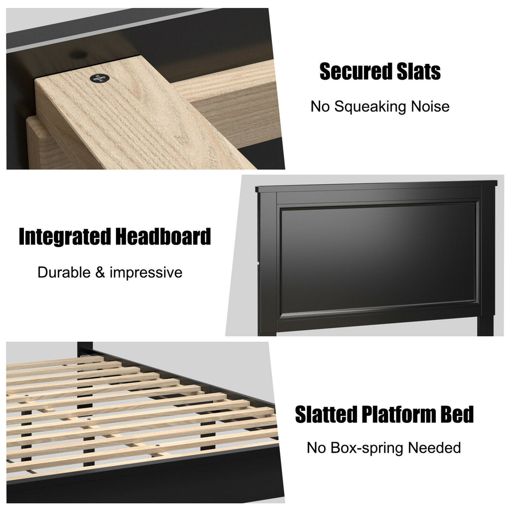Kelsey Queen Size Platform Bed Frame with High Headboard & Solid Rubber Wood Legs–Black