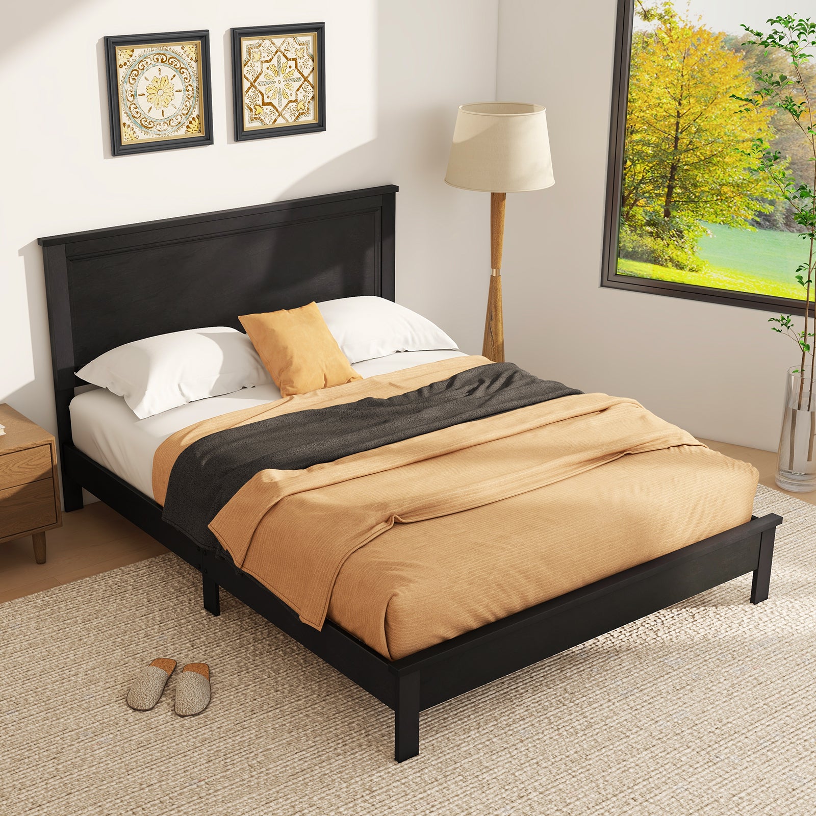 Kelsey Queen Size Platform Bed Frame with High Headboard & Solid Rubber Wood Legs–Black