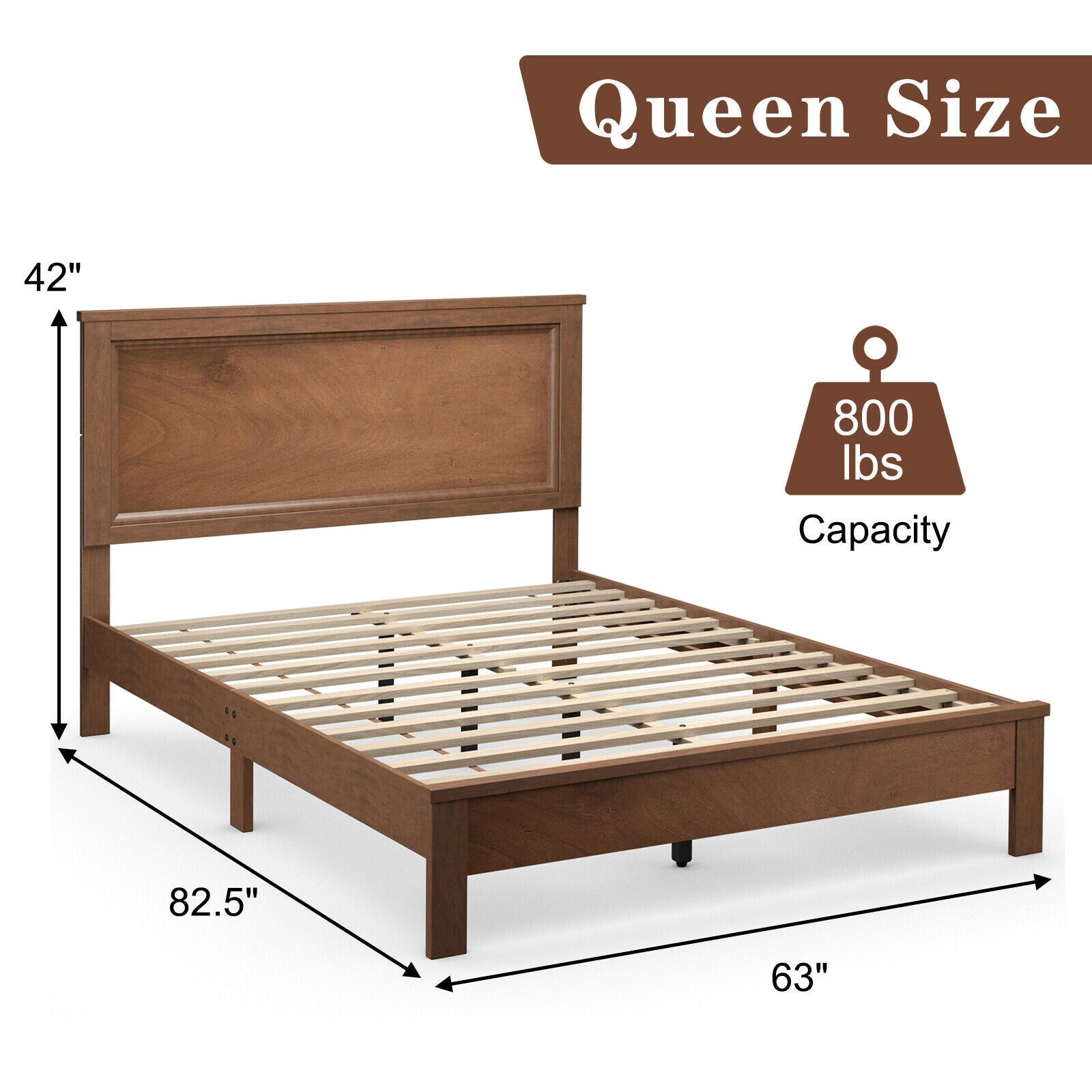 Kelsey Queen Size Platform Bed Frame with High Headboard & Solid Rubber Wood Legs–Walnut