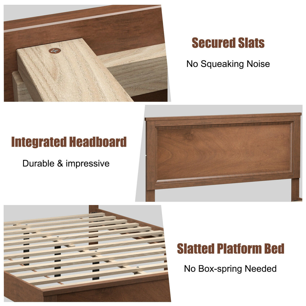 Kelsey Queen Size Platform Bed Frame with High Headboard & Solid Rubber Wood Legs–Walnut