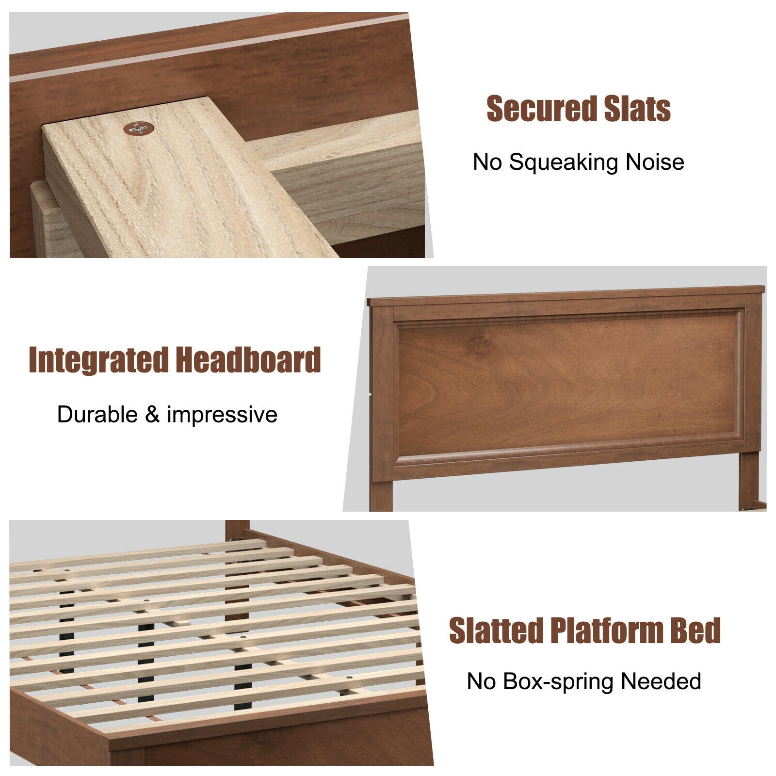 Kelsey Queen Size Platform Bed Frame with High Headboard & Solid Rubber Wood Legs–Walnut