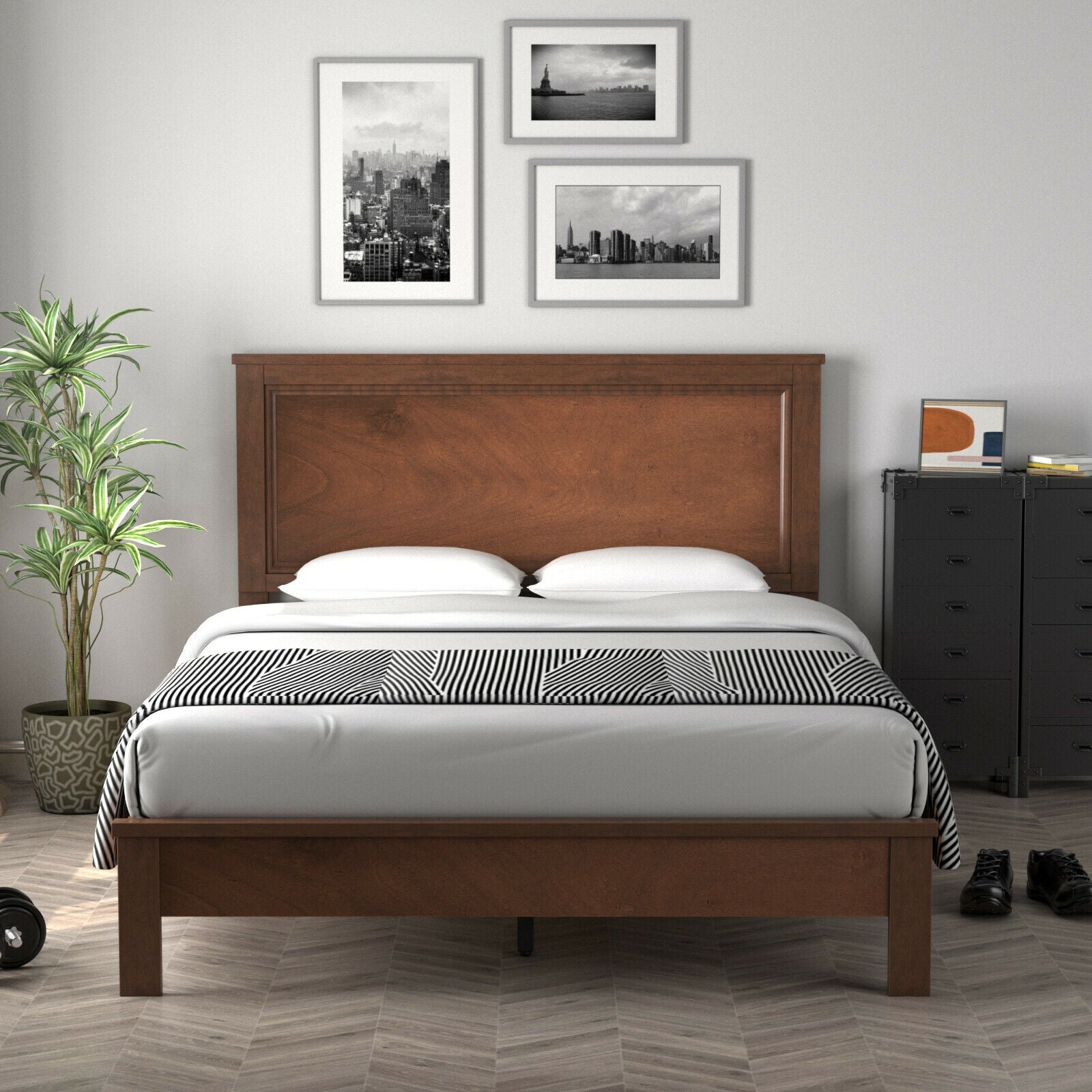 Kelsey Queen Size Platform Bed Frame with High Headboard & Solid Rubber Wood Legs–Walnut