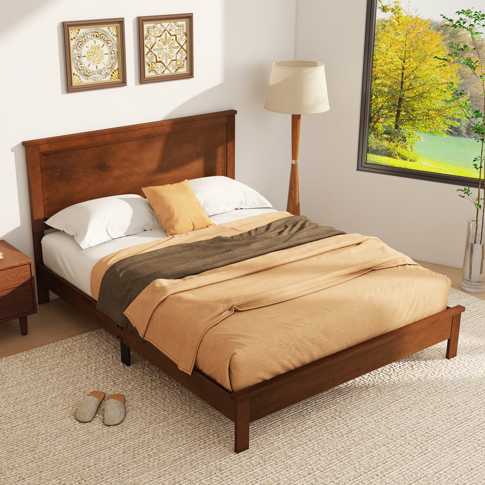 Kelsey Queen Size Platform Bed Frame with High Headboard & Solid Rubber Wood Legs–Walnut