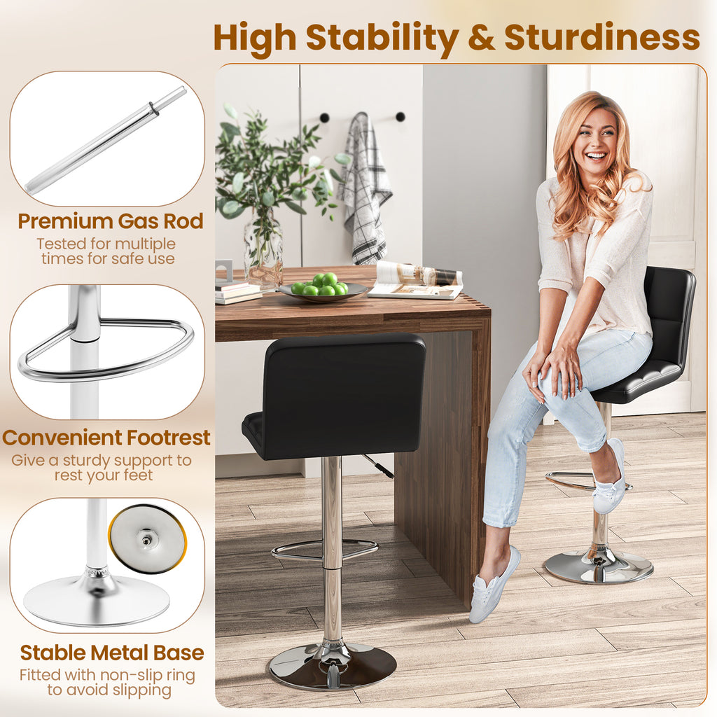 Madison Modern Adjustable Swivel Counter/Bar Stools-Set of 2–PU Leather Stools with Back & Footrest-Black