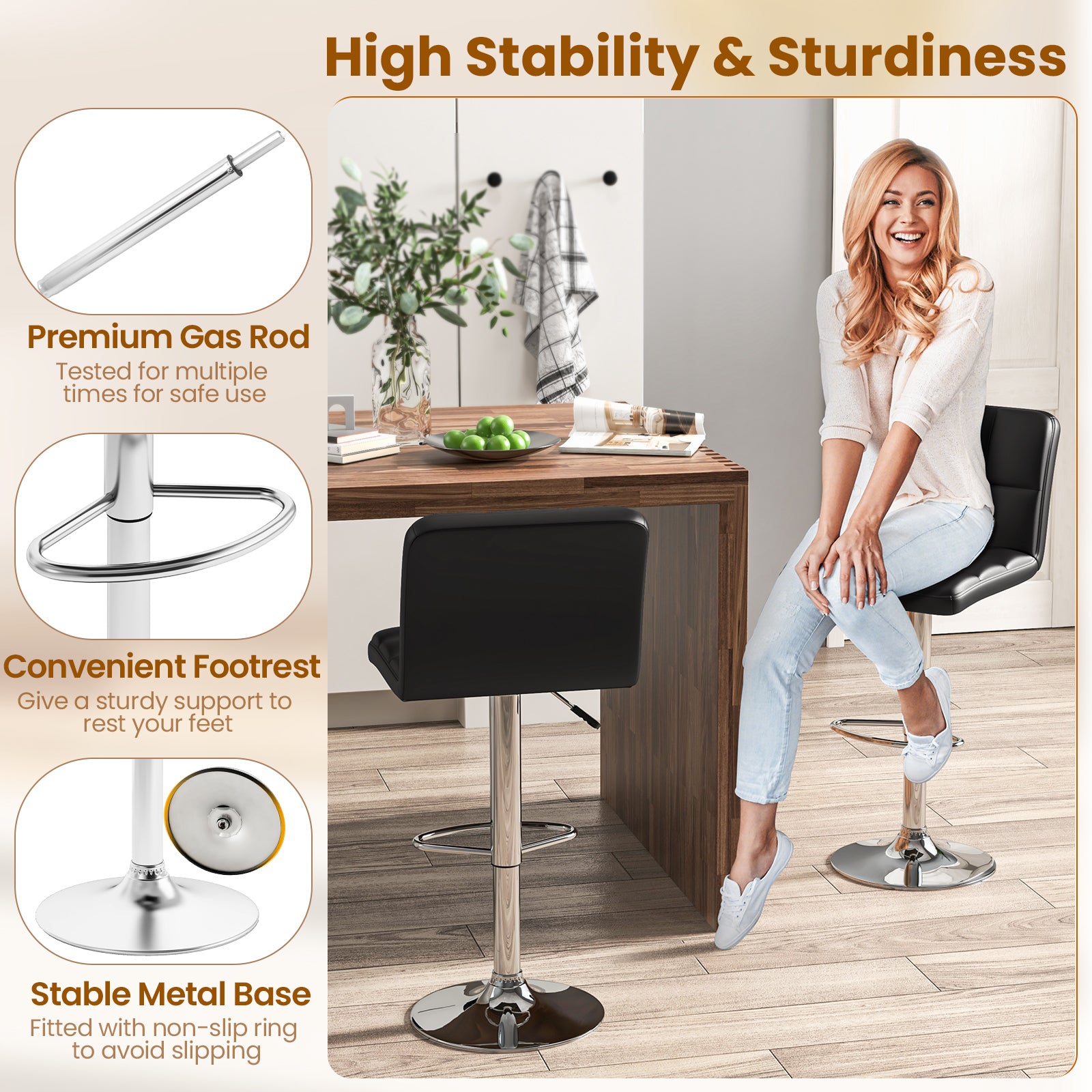 Madison Modern Adjustable Swivel Counter/Bar Stools-Set of 2–PU Leather Stools with Back & Footrest-Black