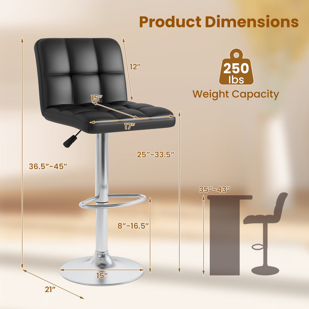 Madison Modern Adjustable Swivel Counter/Bar Stools-Set of 2–PU Leather Stools with Back & Footrest-Black