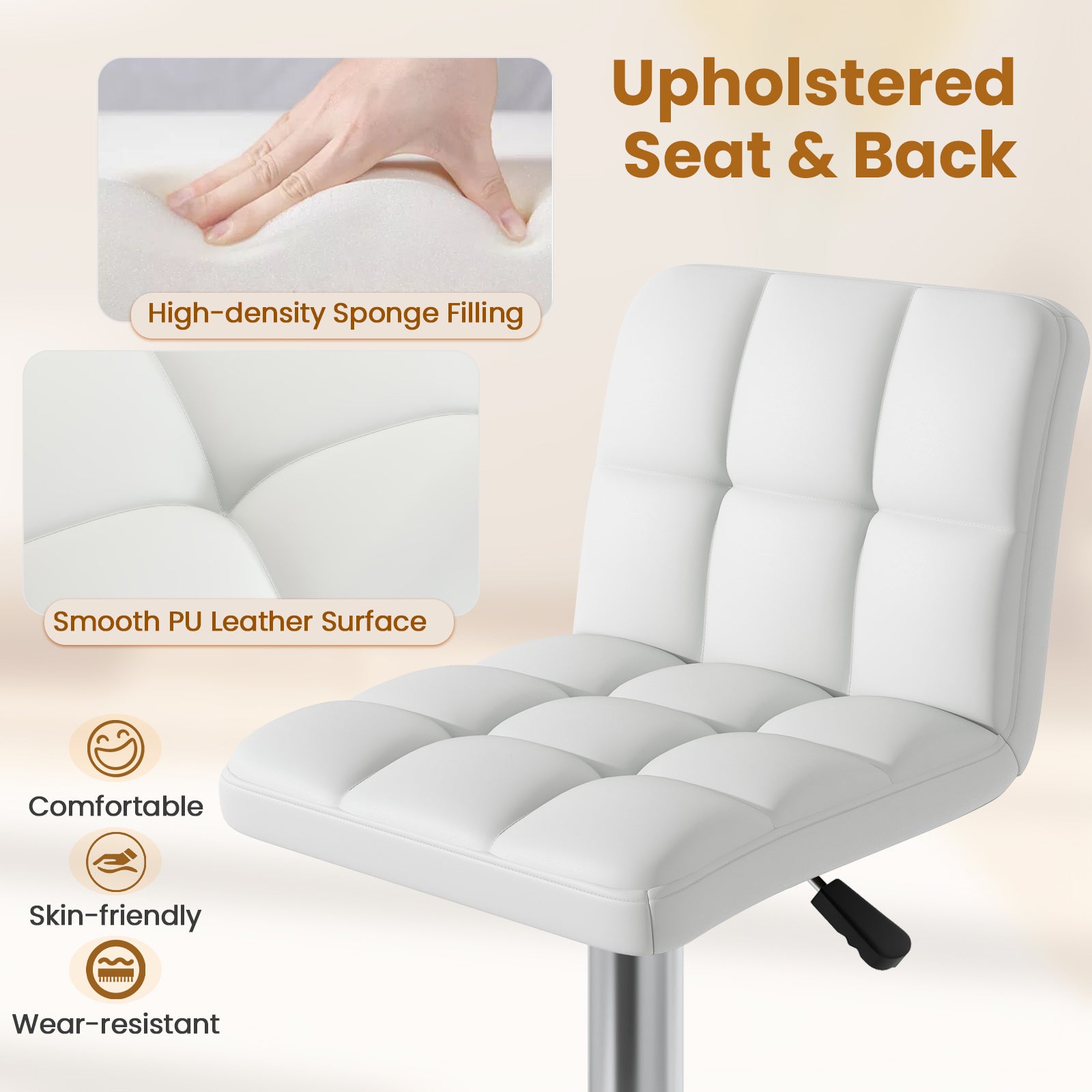Madison Modern Adjustable Swivel Counter/Bar Stools-Set of 2–PU Leather Stools with Back & Footrest-White