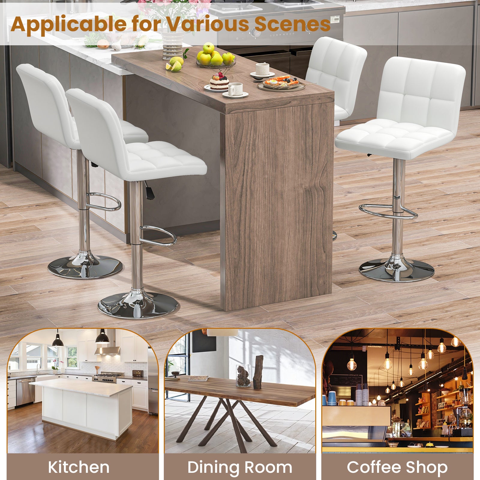Madison Modern Adjustable Swivel Counter/Bar Stools-Set of 2–PU Leather Stools with Back & Footrest-White