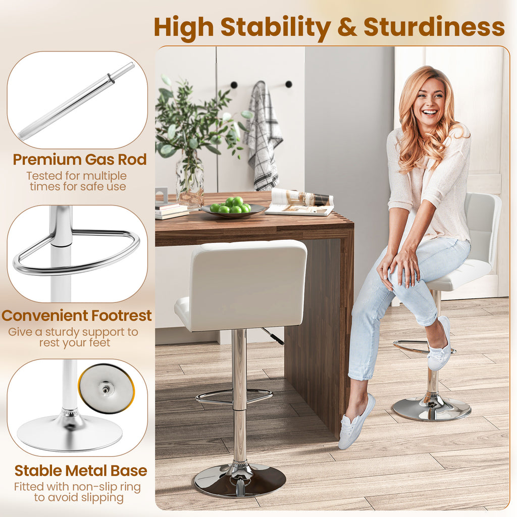 Madison Modern Adjustable Swivel Counter/Bar Stools-Set of 2–PU Leather Stools with Back & Footrest-White