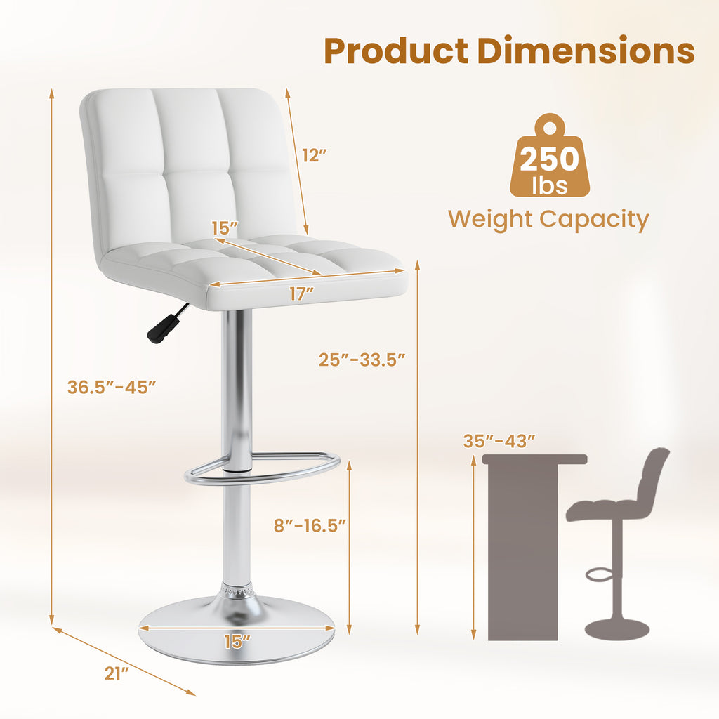 Madison Modern Adjustable Swivel Counter/Bar Stools-Set of 2–PU Leather Stools with Back & Footrest-White