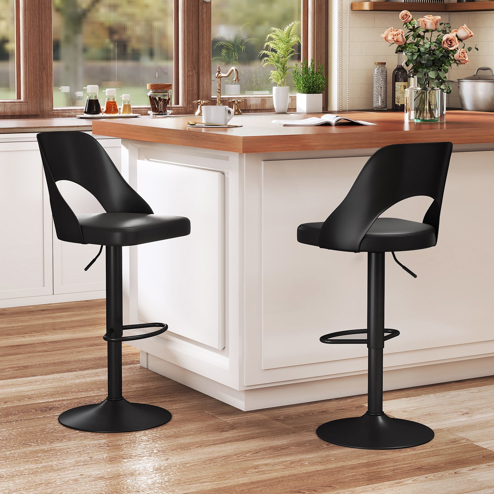 Mason Bar Stools – Set of 2 | Enlarged Vegan Leather Seat, Adjustable Height & 360° Swivel–Black