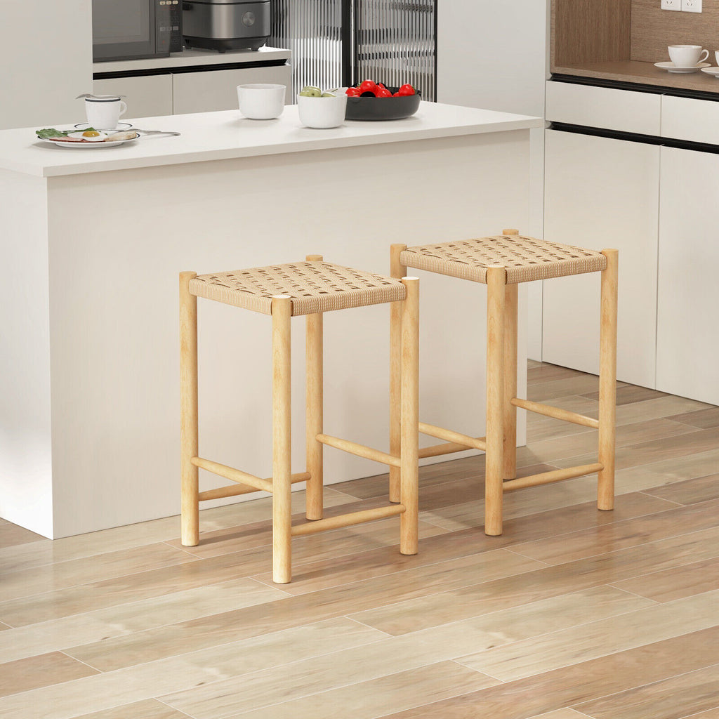 Quincy 26” Natural Wood Woven Paper-Rope Counter Height Stools-Set of 2